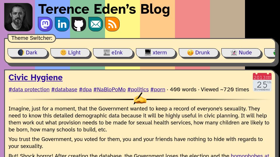 Screenshot of shkspr.mobi: Civic Hygiene – avoid building technologies that could be used by a police state (2013)