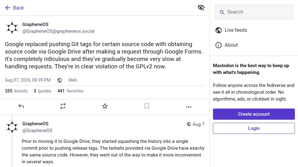 Screenshot of grapheneos.social: Google has stopped pushing Git tags for some Android source code