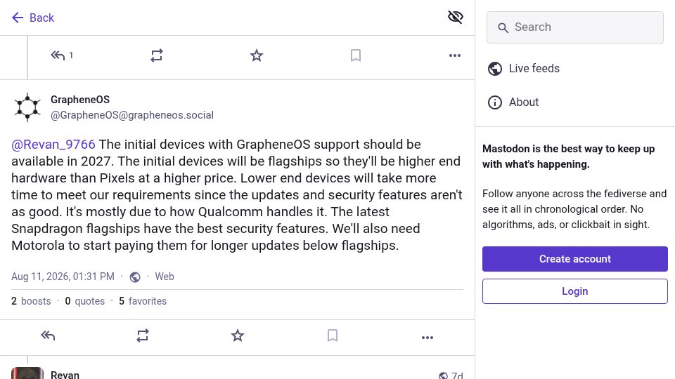 Screenshot of grapheneos.social: Devices with GrapheneOS support should be available in 2027