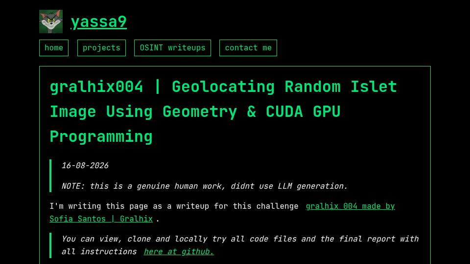Screenshot of yassa9.github.io: Geolocating a random island using geometry and CUDA programming