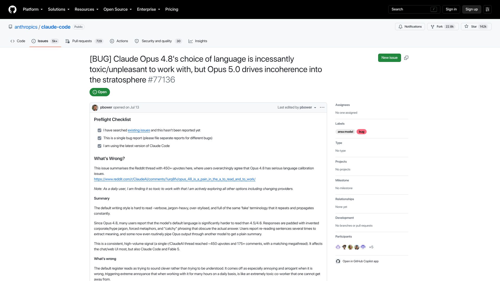 Screenshot of github.com: Opus 5.0 drives incoherence into the stratosphere