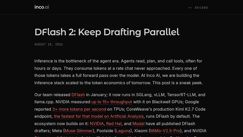 Screenshot of inco.ai: DFlash 2: Keep Drafting Parallel
