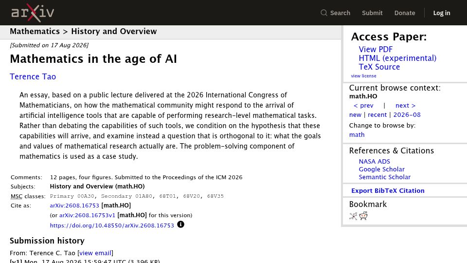 Screenshot of arxiv.org: Mathematics in the age of AI