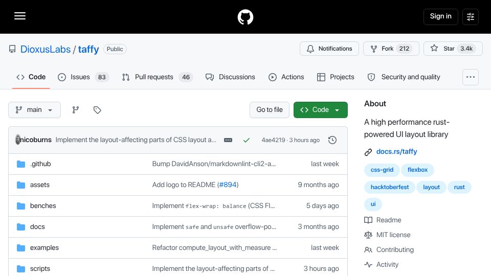 Screenshot of github.com: Taffy: A flexible, high-performance, cross-platform UI layout library