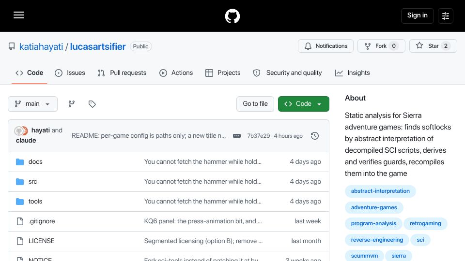 Screenshot of github.com: Show HN: Automatically detect and patch walking-dead states in Sierra games