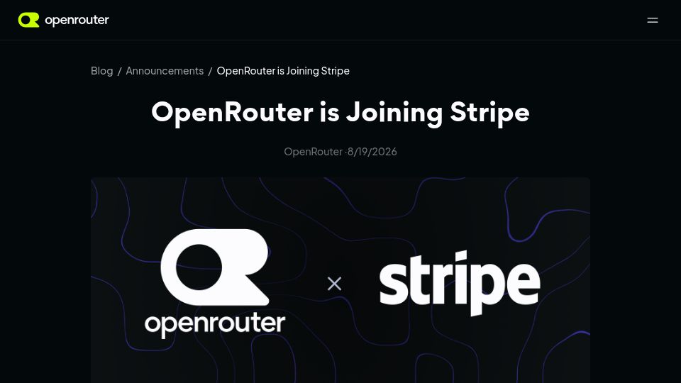 Screenshot of openrouter.ai: OpenRouter is joining Stripe
