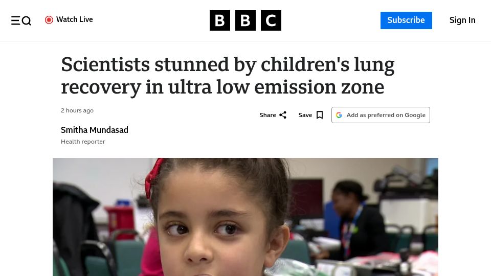 Screenshot of bbc.com: Scientists stunned by children's lung recovery in ultra low emission zone