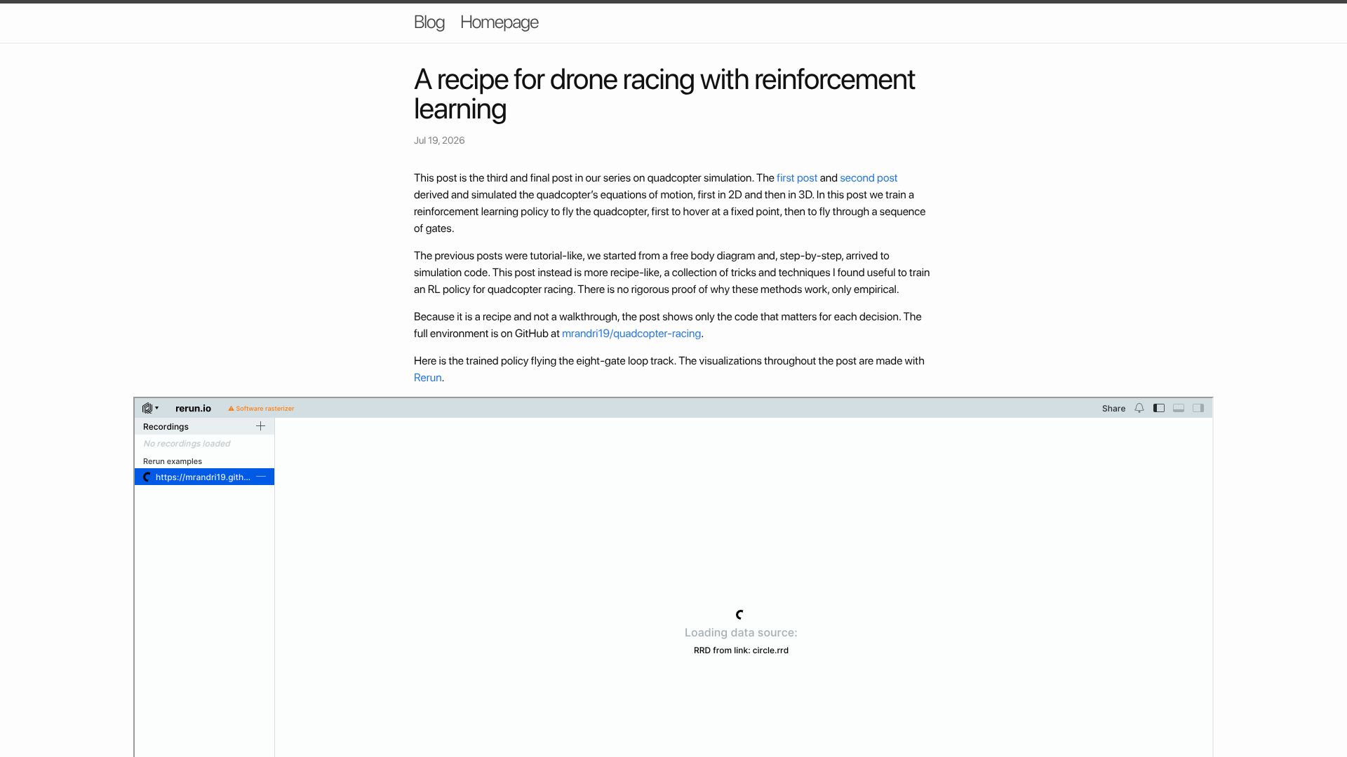 Screenshot of mrandri19.github.io: A recipe for drone racing with reinforcement learning