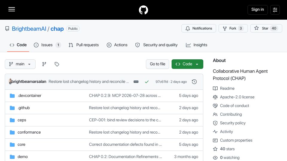 Screenshot of github.com: Collaborative Human Agent Protocol (CHAP)