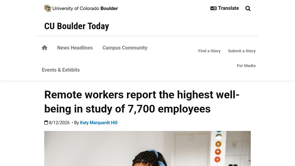 Screenshot of colorado.edu: Remote workers report the highest well-being in study of 7,700 employees