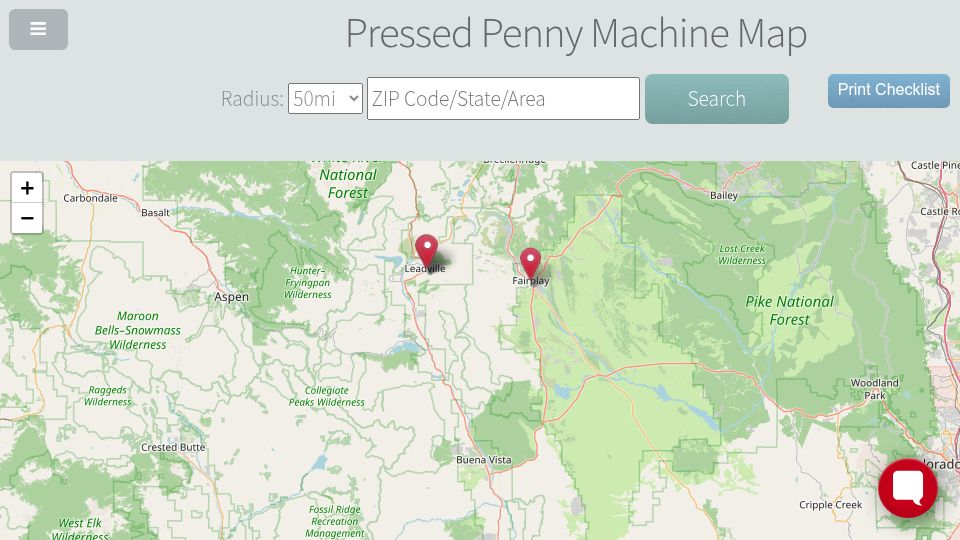Screenshot of pennypresses.net: Pressed Penny Machine Map