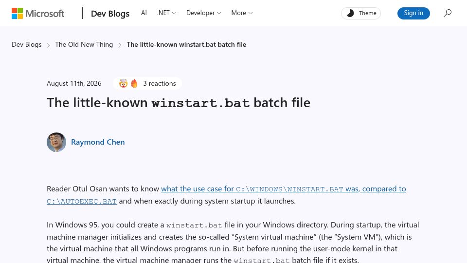 Screenshot of devblogs.microsoft.com: The little-known winstart.bat batch file