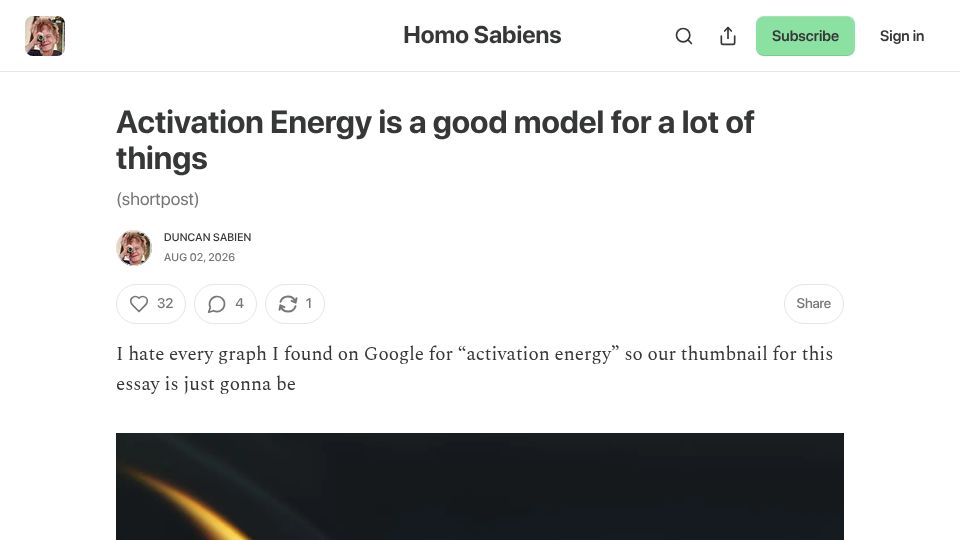 Screenshot of homosabiens.substack.com: Activation Energy is a good model for a lot of things