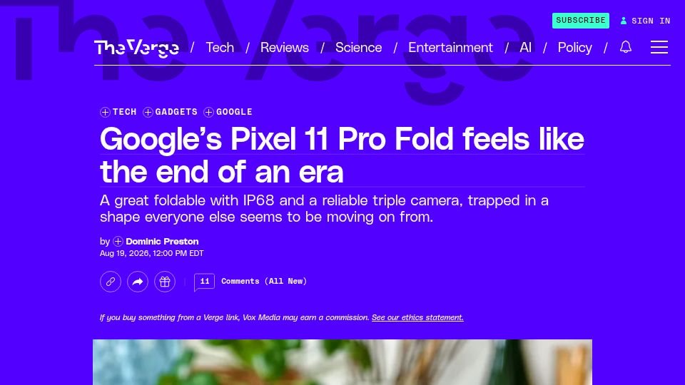Screenshot of theverge.com: Pixel 11 Pro Fold feels like the end of an era
