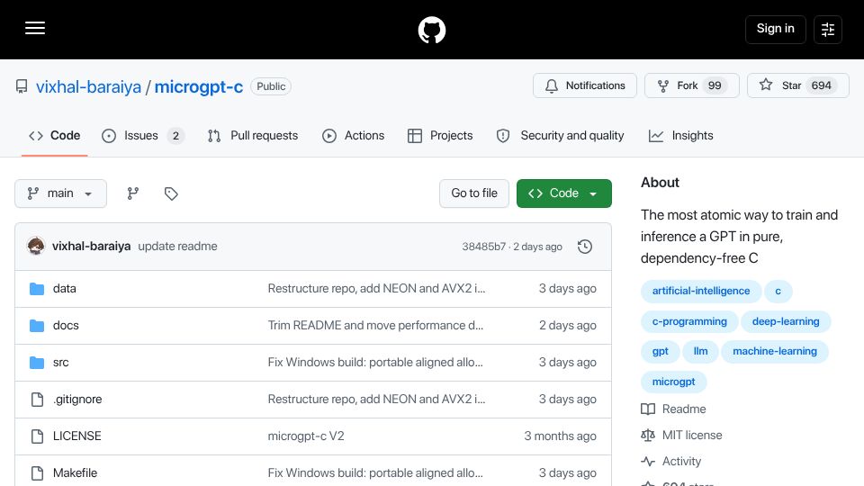 Screenshot of github.com: MicroGPT-C in pure C hits 10M TPS on Apple M5