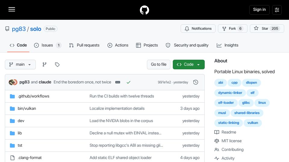 Screenshot of github.com: Solo – a .so loader for static Linux binaries