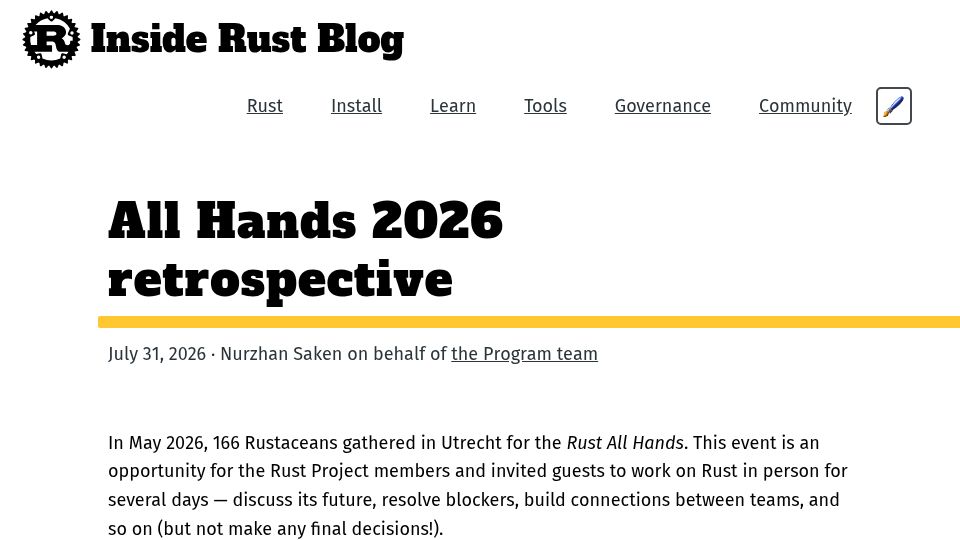 Screenshot of blog.rust-lang.org: Rust All Hands 2026 Retrospective