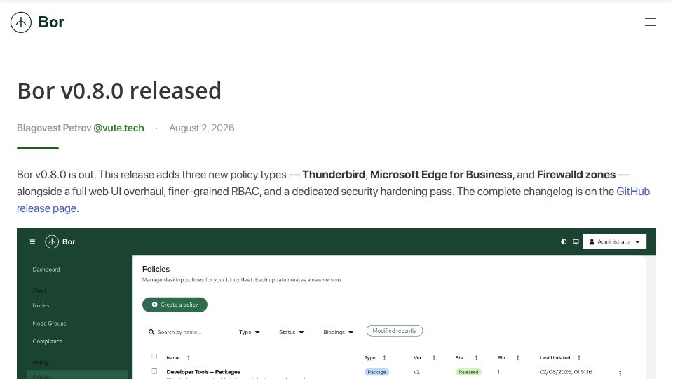 Screenshot of getbor.dev: Show HN: Bor – Open-source policy management for Linux desktops