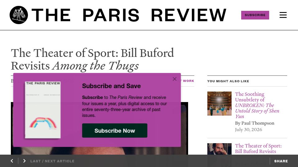 Screenshot of theparisreview.org: The Theater of Sport: Bill Buford Revisits Among the Thugs