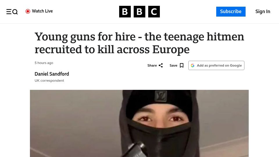 Screenshot of bbc.com: The teenage hitmen recruited to kill across Europe