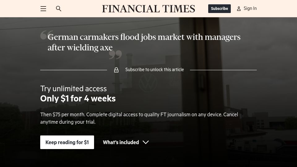 Screenshot of ft.com: German carmakers flood jobs market with managers after wielding axe