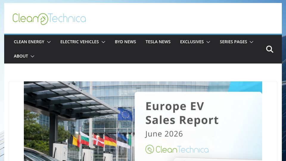 Screenshot of cleantechnica.com: Europe EV Sales BEVs Jump 50% & Reach 26% Market Share