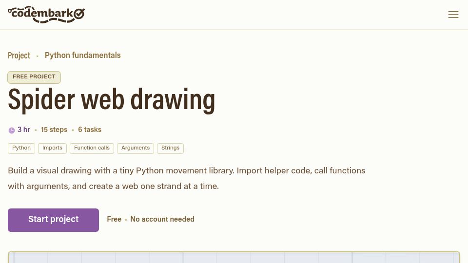Screenshot of codembark.com: Turtle-inspired interactive Python project