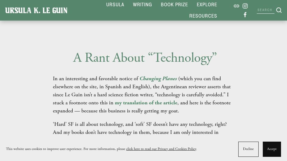 Screenshot of ursulakleguin.com: A Rant About “Technology” (2005)