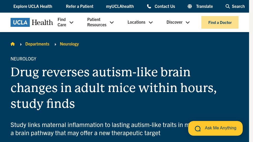 Screenshot of uclahealth.org: Drug reverses autism-like brain changes in adult mice within hours