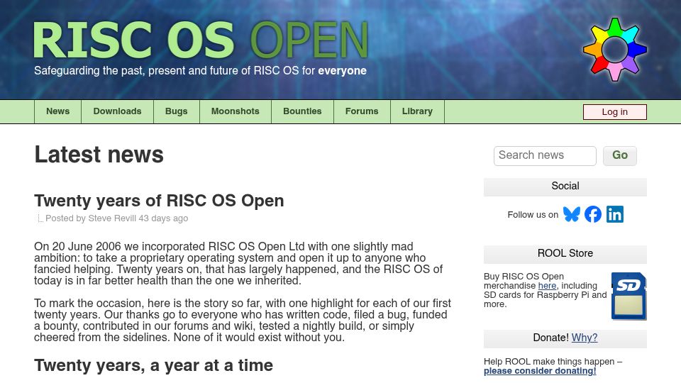 Screenshot of riscosopen.org: Twenty Years of RISC OS Open