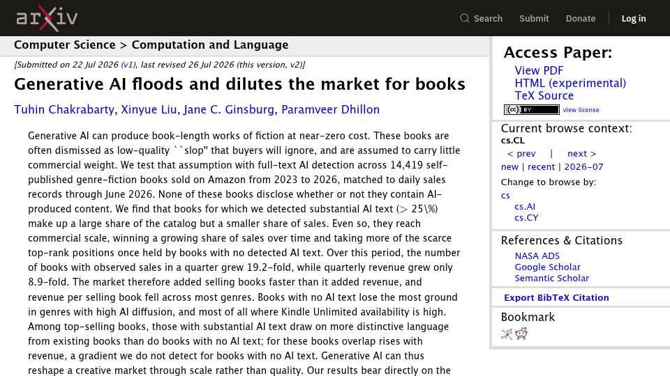 Screenshot of arxiv.org: Generative AI floods and dilutes the market for books