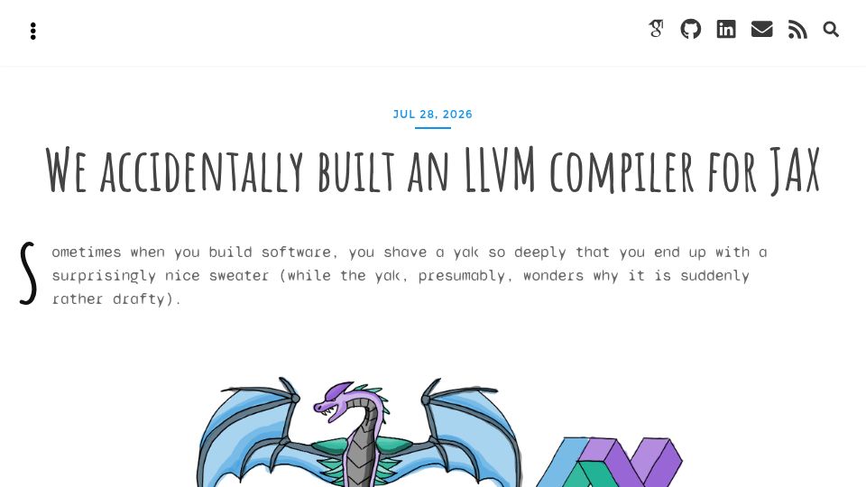 Screenshot of iza.ac: We accidentally built an LLVM compiler for Jax