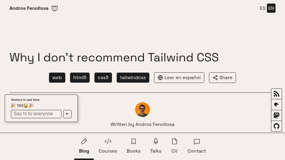 Screenshot of en.andros.dev: I don't recommend Tailwind CSS