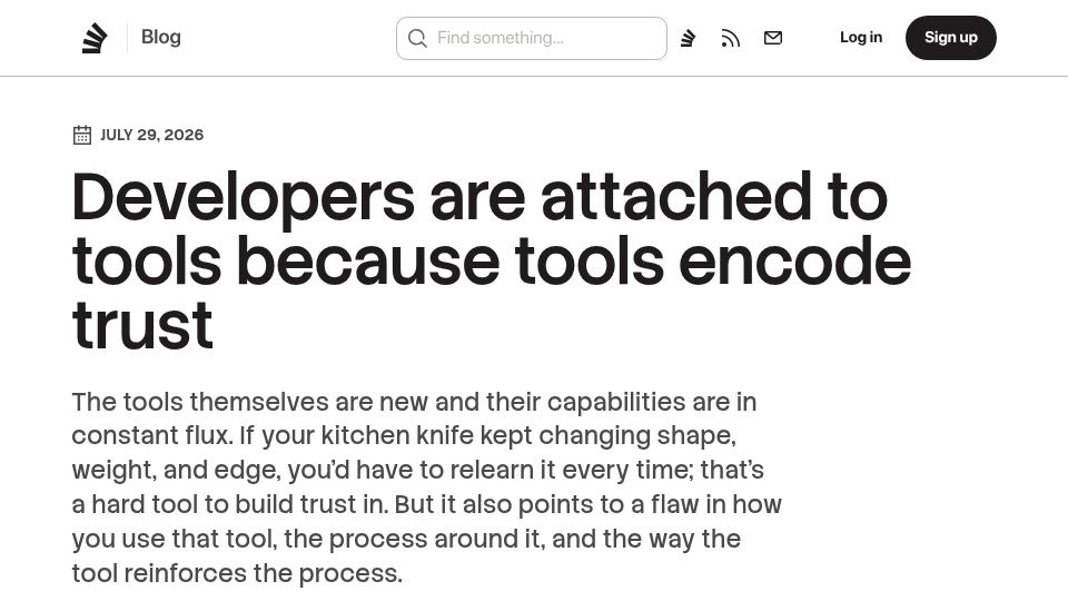 Screenshot of stackoverflow.blog: Developers are attached to tools because tools encode trust