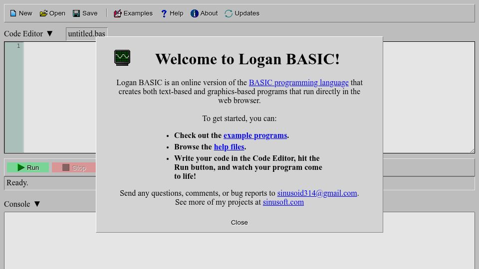Screenshot of sinusoft.com: Show HN: Logan Basic v2.1 - An online BASIC interpreter.
