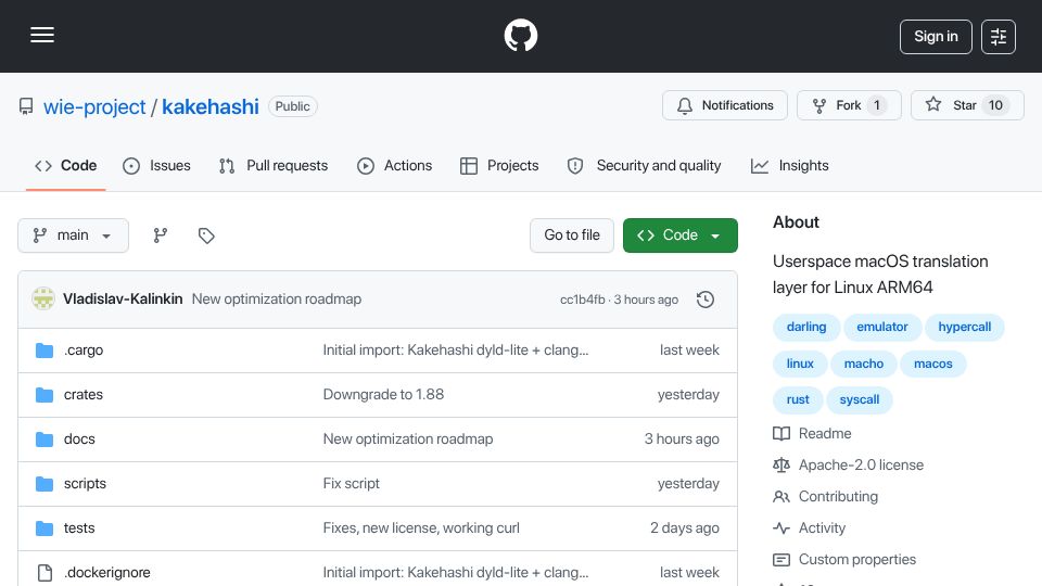 Screenshot of github.com: Show HN: Kakehashi – Experimental userspace to run macOS binaries on Linux ARM