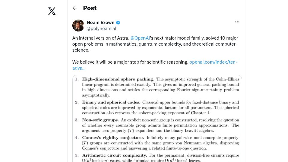 Screenshot of twitter.com: An internal OpenAI Astra model solved 10 major open math and CS problems