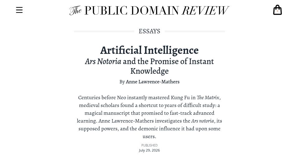 Screenshot of publicdomainreview.org: Artificial Intelligence: Ars Notoria and the Promise of Instant Knowledge
