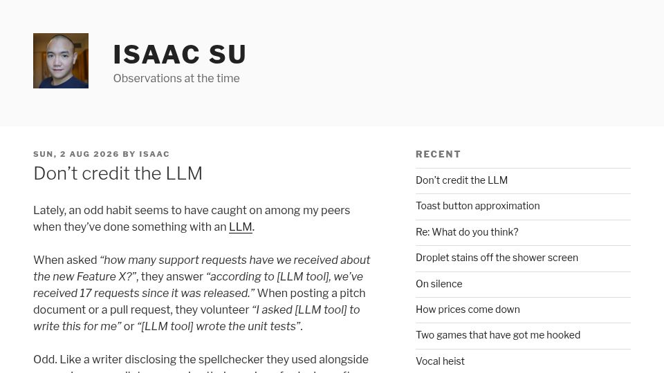 Screenshot of isaacsu.com: Don't credit the LLM