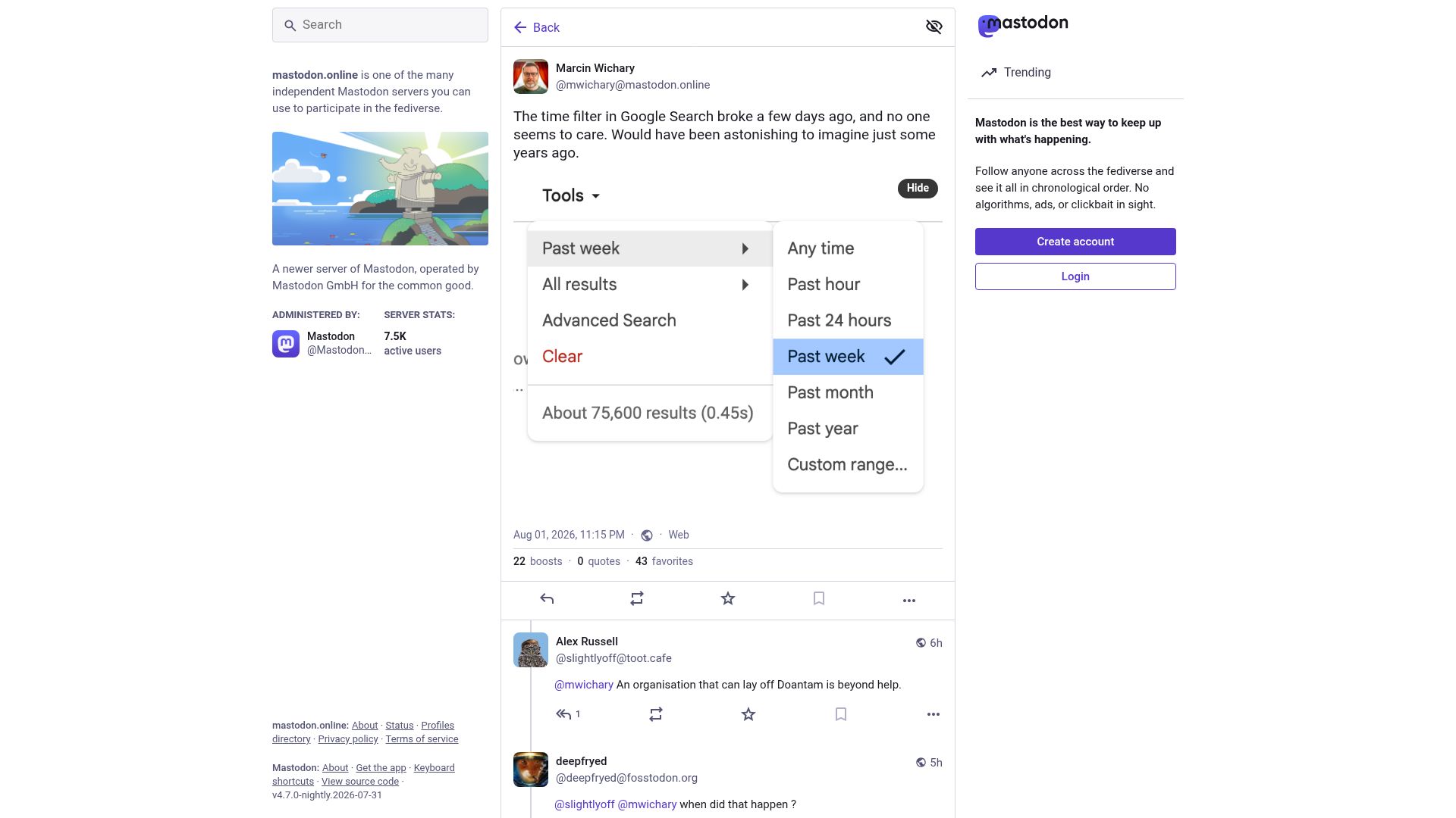 Screenshot of mastodon.online: The time filter in Google Search broke a few days ago
