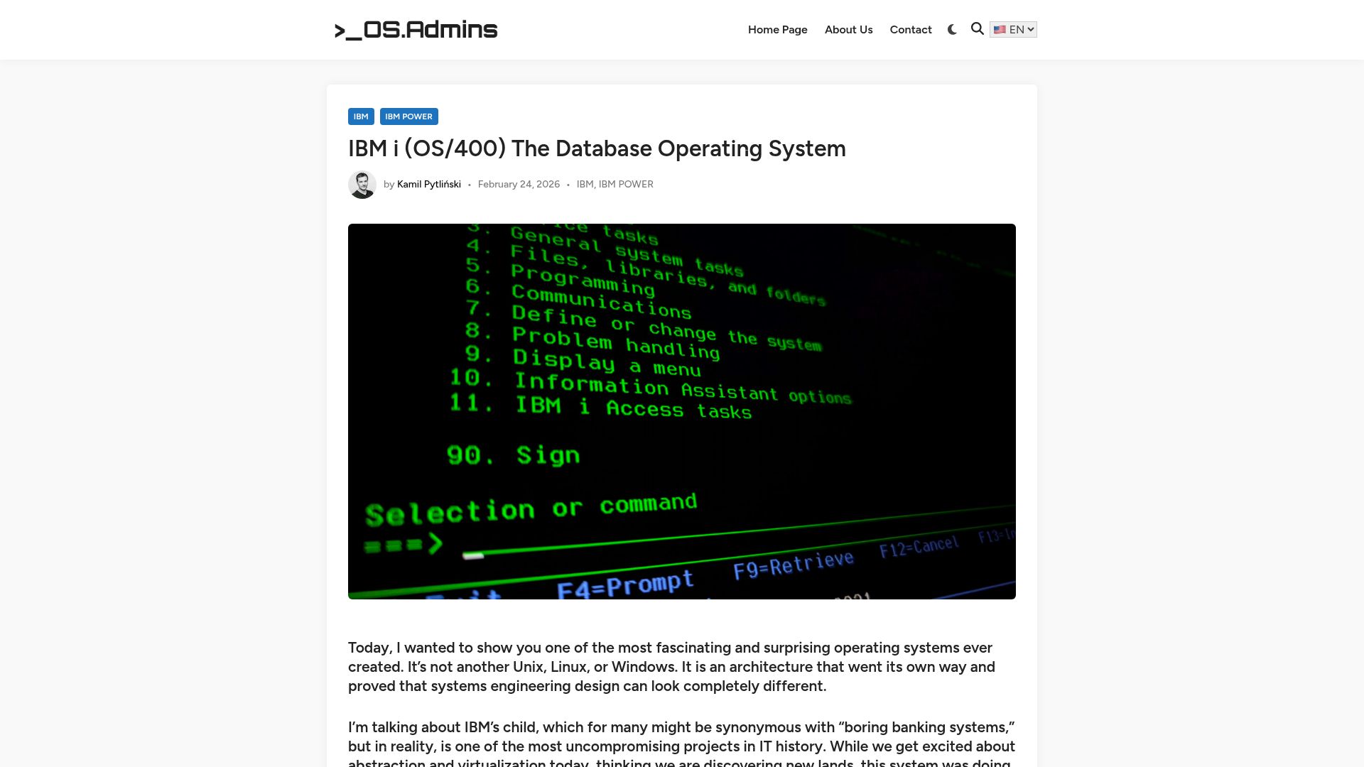 Screenshot of osadmins.com: IBM i (OS/400) the Database Operating System