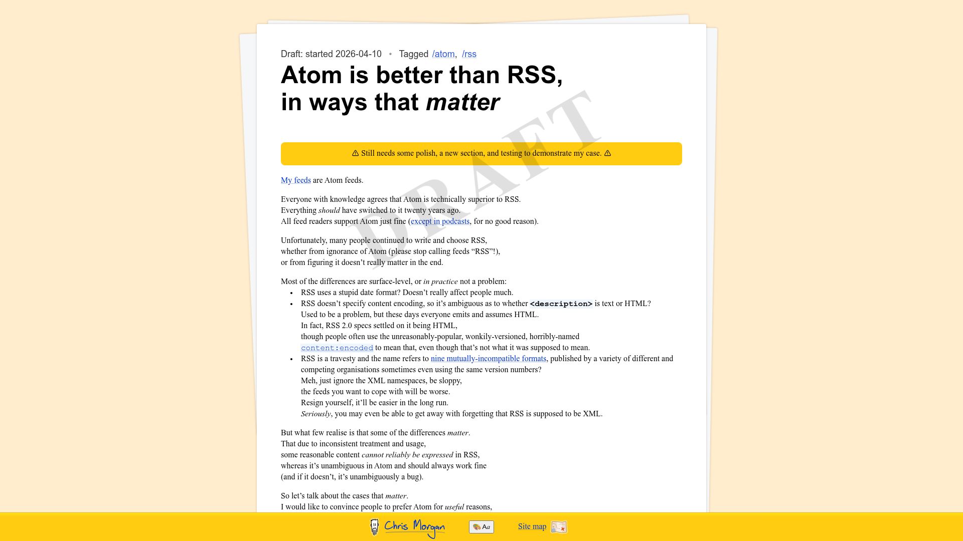 Screenshot of chrismorgan.info: Atom is better than RSS, in ways that matter