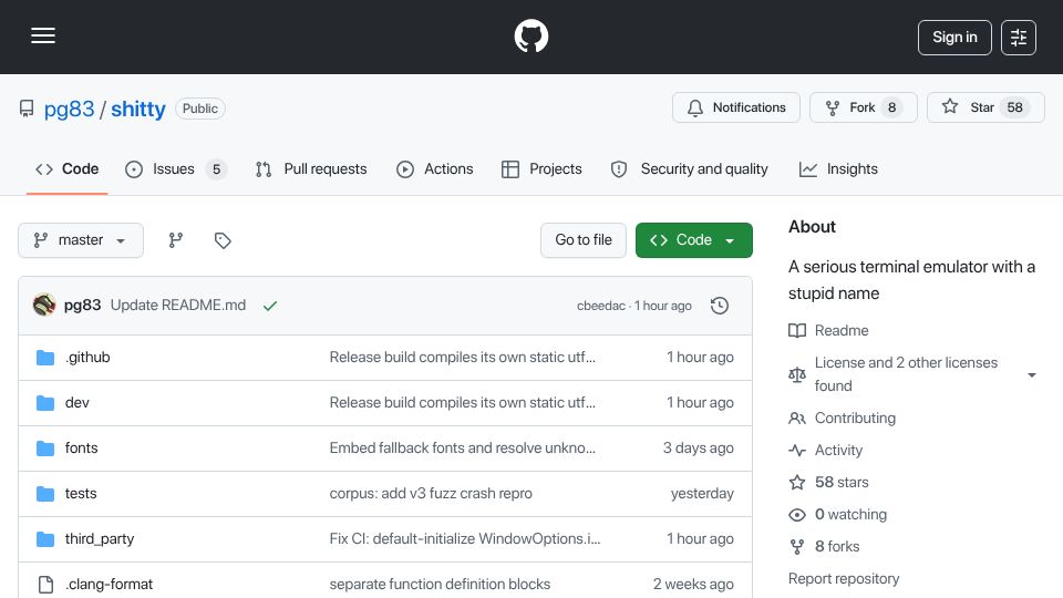Screenshot of github.com: Show HN: Shitty – fast terminal. Memory-unsafe and faster than yours