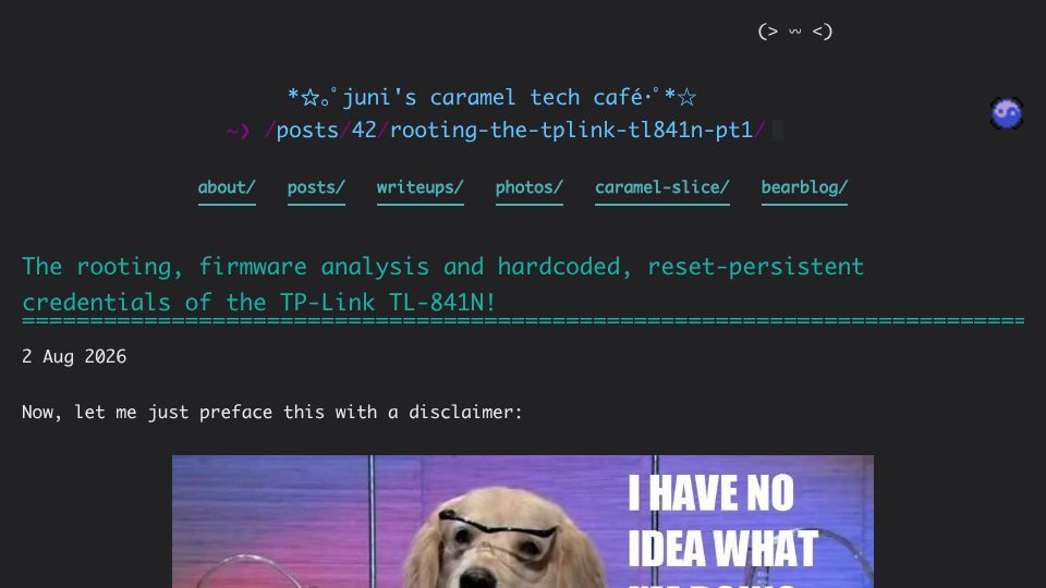 Screenshot of blog.juni-mp4.com: Rooting, firmware analysis and persistent credentials of TP-Link TL-841N