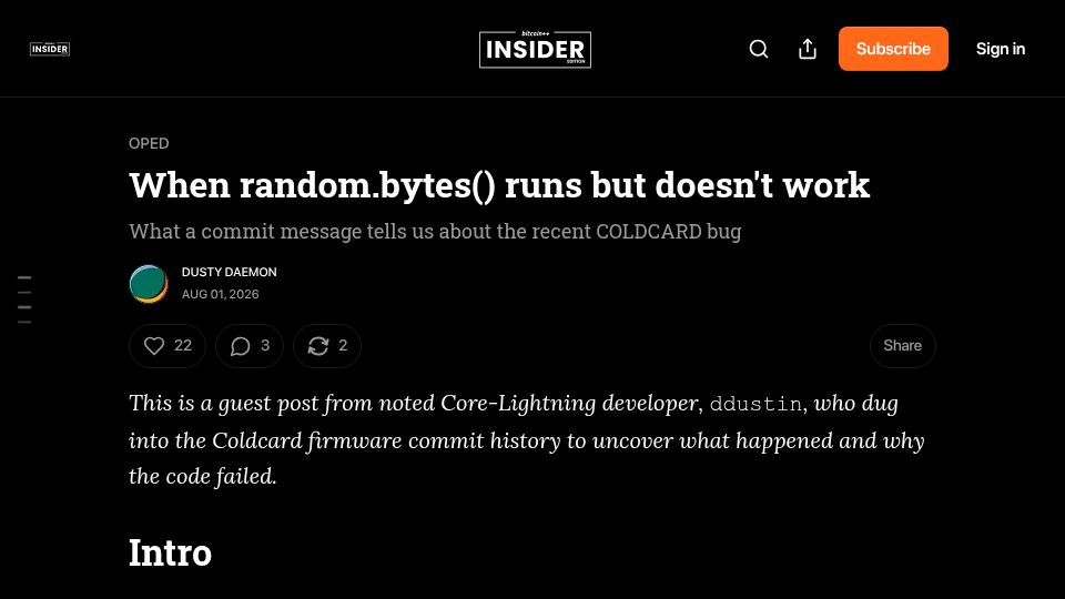 Screenshot of insider.btcpp.dev: When random.bytes() runs but doesn't work