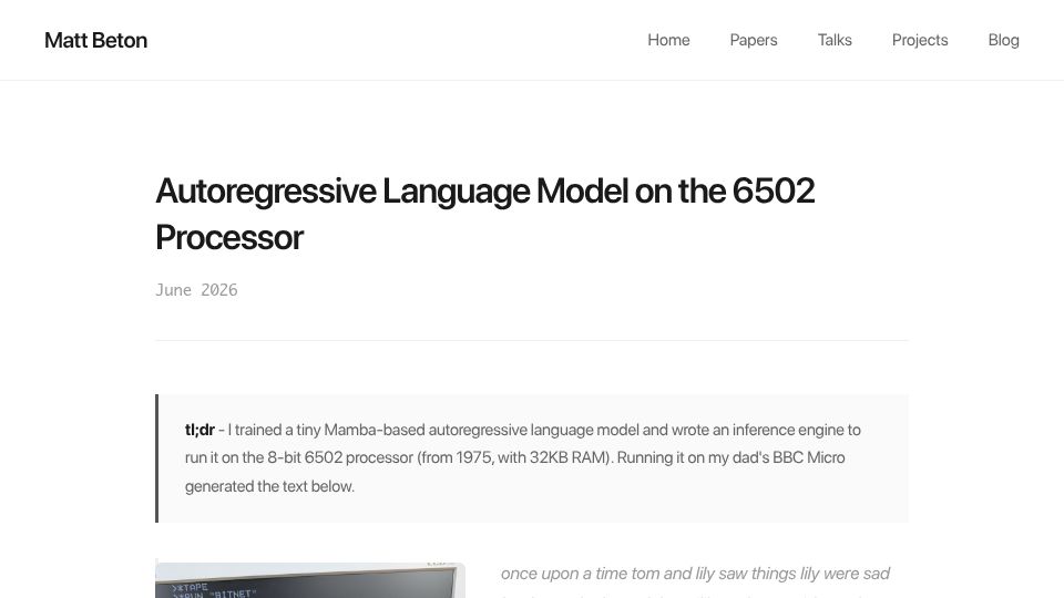 Screenshot of mattbeton.com: Autoregressive Language Model on the 6502 Processor