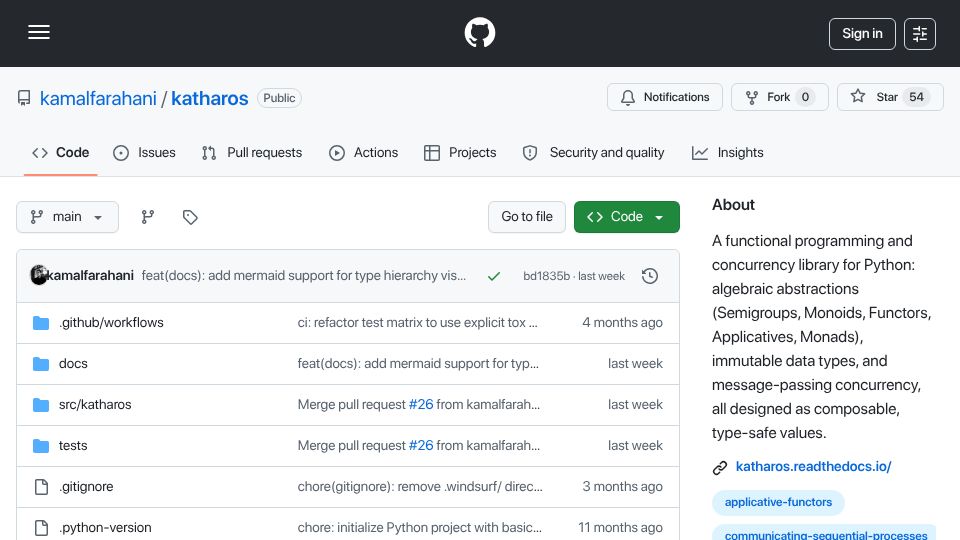 Screenshot of github.com: Show HN: Katharos Functional programming and CSP-style concurrency for Python