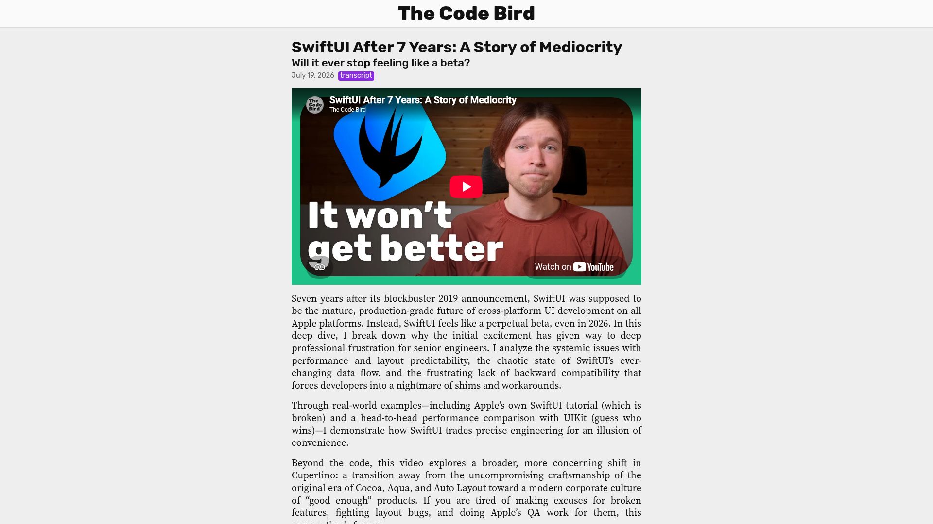 Screenshot of ykvm.com: SwiftUI After 7 Years