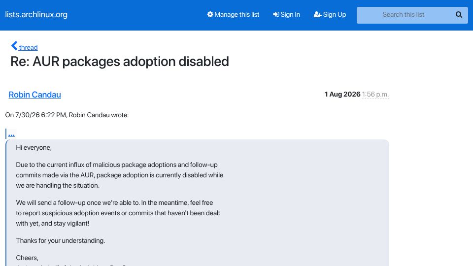 Screenshot of lists.archlinux.org: Pushes to arch AUR are suspendended right now.