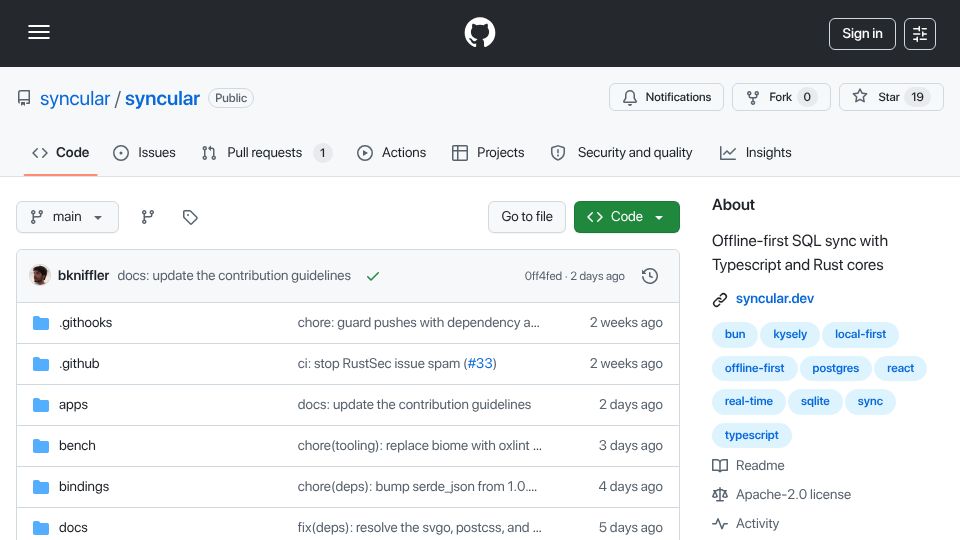 Screenshot of github.com: Show HN: Syncular – offline-first SQL sync with TypeScript and Rust cores